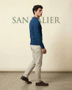 St. Martin Co LC Tonal Stripe Crewneck Knit in Navy — lifestyle view