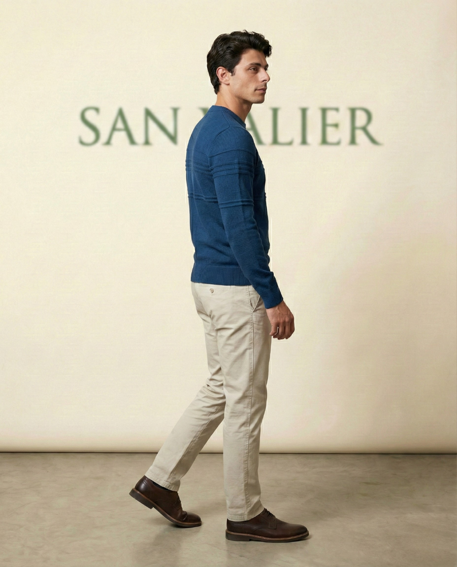 St. Martin Co LC Tonal Stripe Crewneck Knit in Navy — lifestyle view