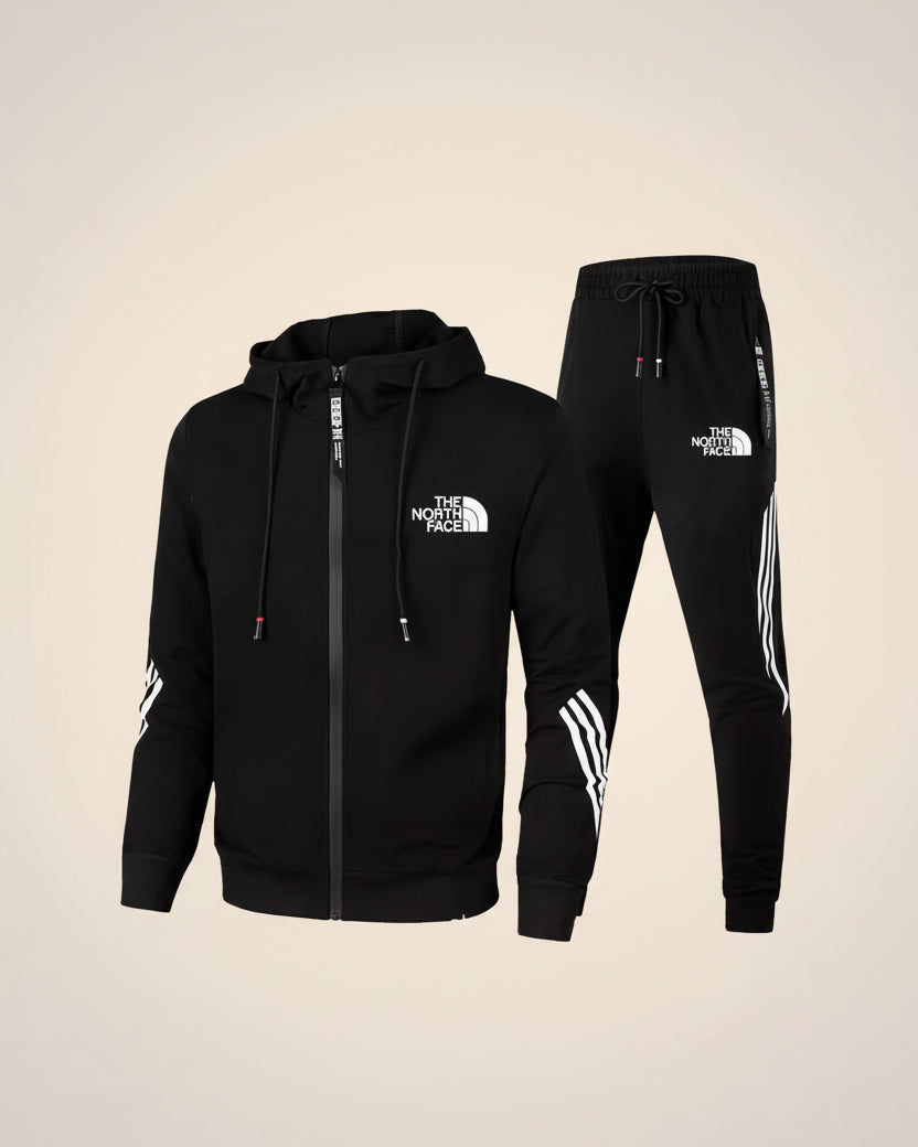 St. Martin Co TNF Red Track Zip Hoodie with Stripe Sleeves — detail view