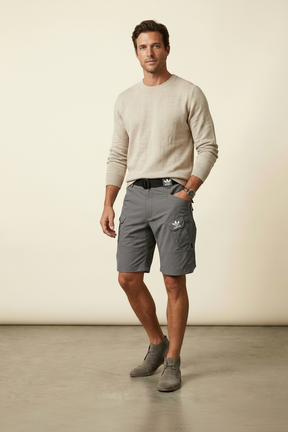 St. Martin Co Slate Grey Belted Technical Cargo Shorts — side view