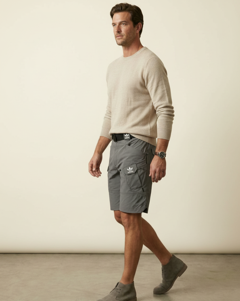 St. Martin Co Slate Grey Belted Technical Cargo Shorts — lifestyle view