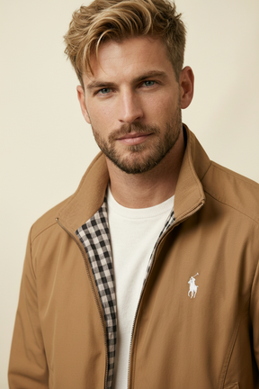 St. Martin Co RL Tan Harrington Gingham-Lined Zip Jacket — lifestyle view