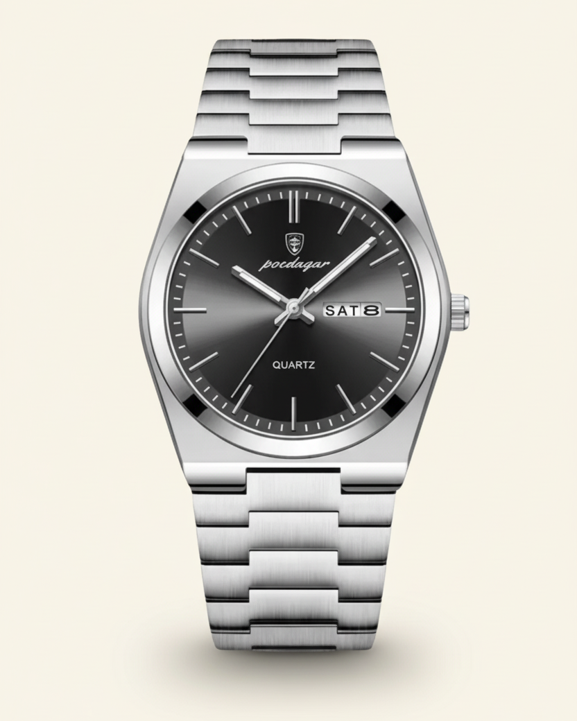 St. Martin Co Steel Bracelet Watch Green Sunray Dial — detail view