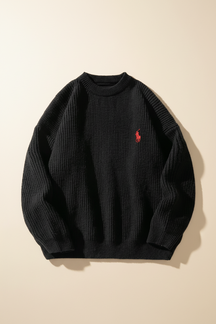 St. Martin Co RL Black Ribbed Crewneck Knit Sweater — front view
