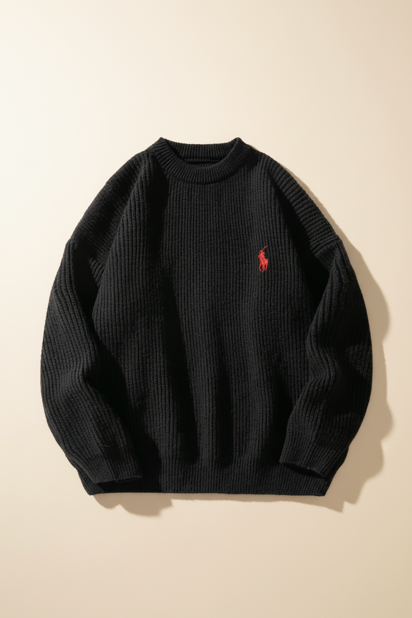 St. Martin Co RL Black Ribbed Crewneck Knit Sweater — front view
