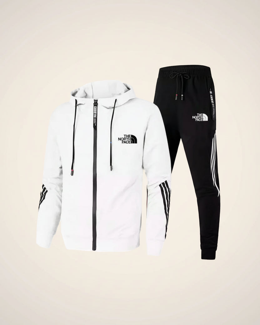 St. Martin Co TNF Red Track Zip Hoodie with Stripe Sleeves — detail view
