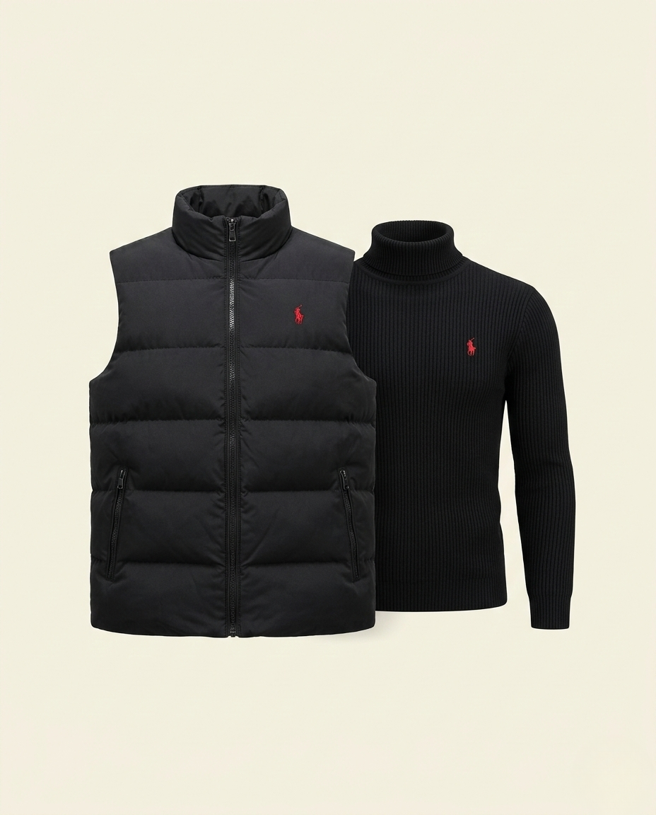 St. Martin Co RL Navy Gilet & Grey Roll-Neck Set — back view