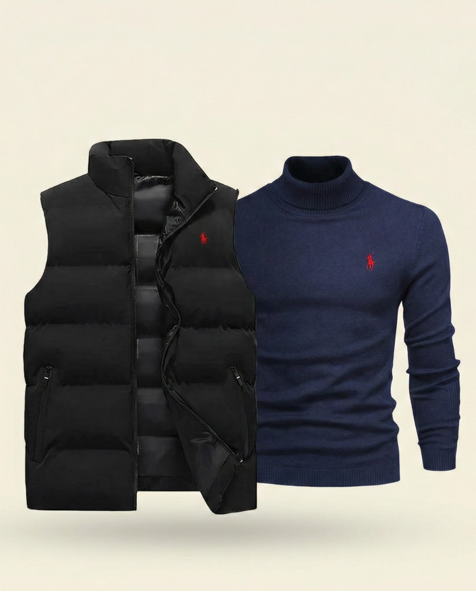 St. Martin Co RL Navy Gilet & Grey Roll-Neck Set — detail view