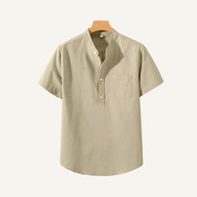St. Martin Co Blue Linen Half-Placket Grandad Shirt — detail view