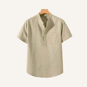 St. Martin Co Blue Linen Half-Placket Grandad Shirt — detail view