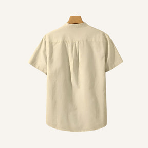 St. Martin Co Blue Linen Half-Placket Grandad Shirt — detail view