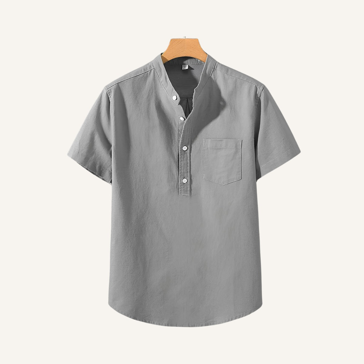 St. Martin Co Blue Linen Half-Placket Grandad Shirt — detail view