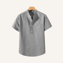 St. Martin Co Blue Linen Half-Placket Grandad Shirt — detail view