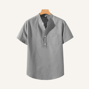 St. Martin Co Blue Linen Half-Placket Grandad Shirt — detail view