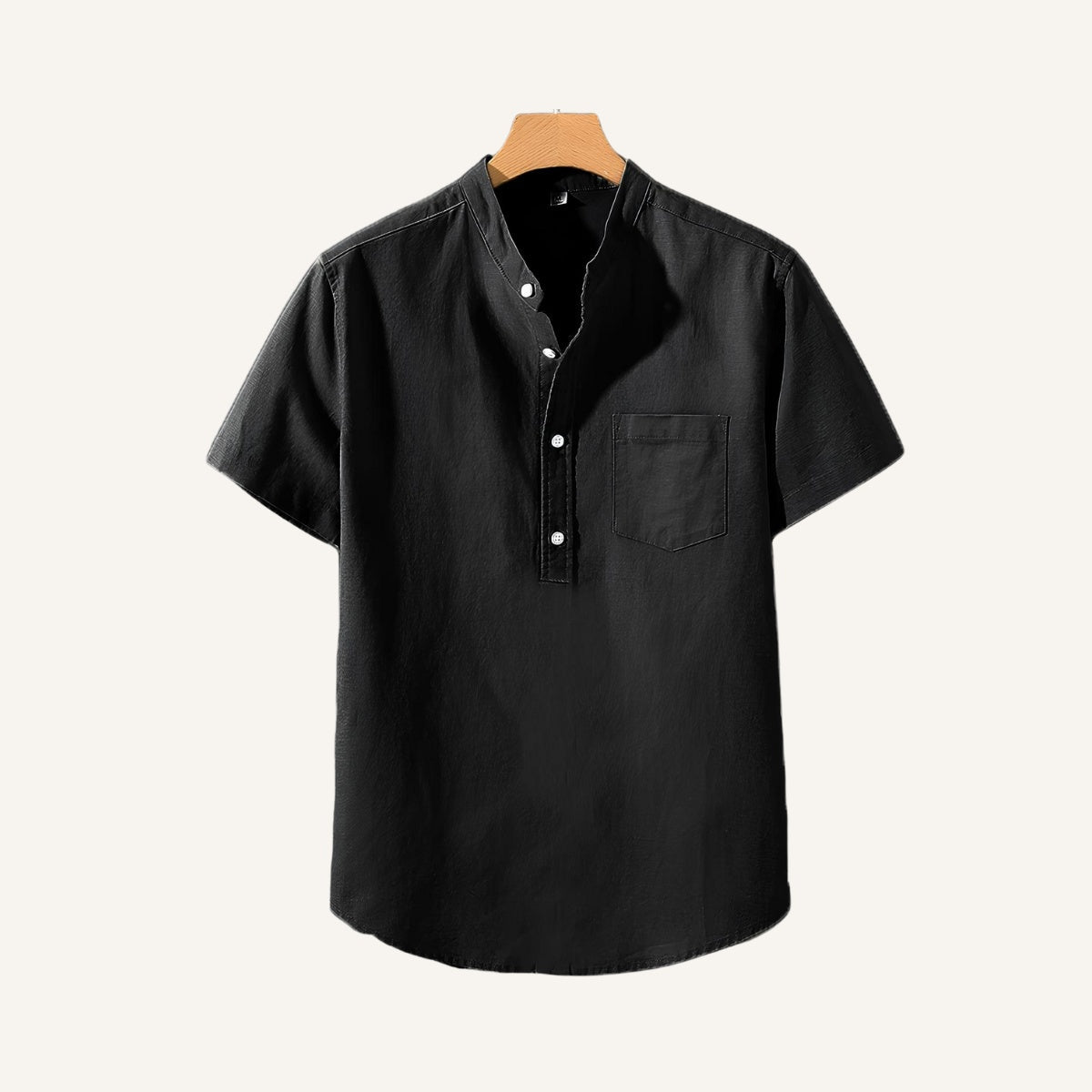St. Martin Co Blue Linen Half-Placket Grandad Shirt — detail view