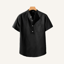 St. Martin Co Blue Linen Half-Placket Grandad Shirt — detail view