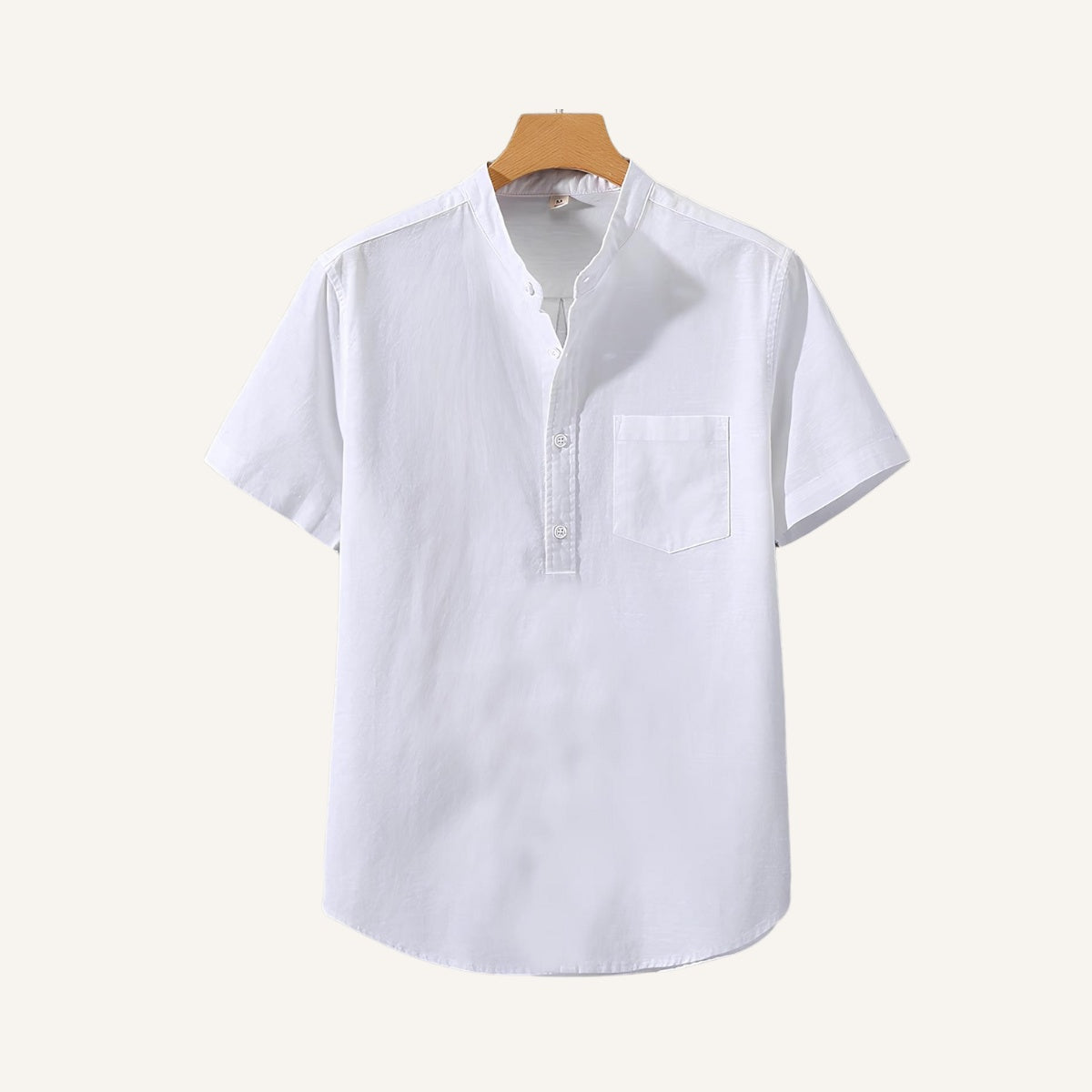 St. Martin Co Blue Linen Half-Placket Grandad Shirt — detail view