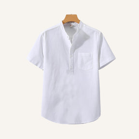 St. Martin Co Blue Linen Half-Placket Grandad Shirt — detail view