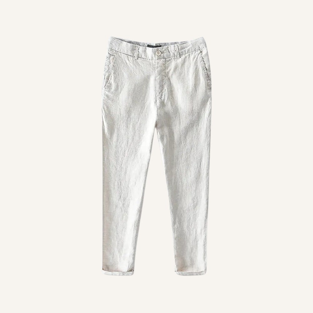 St. Martin Co Slate Blue Linen Chino Trousers — detail view