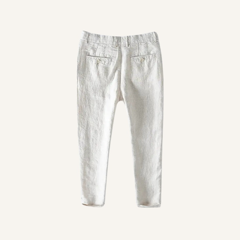 St. Martin Co Slate Blue Linen Chino Trousers — detail view