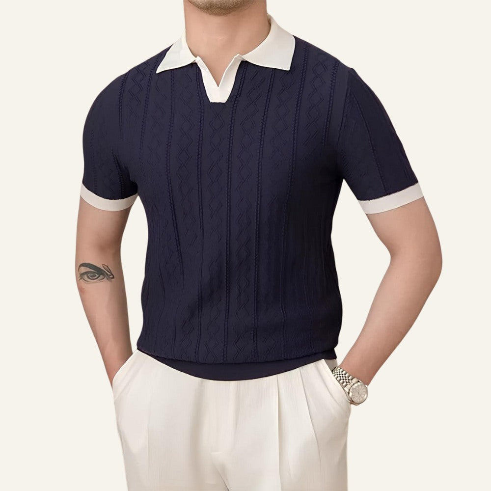 St. Martin Co Navy Textured Knit Open-Collar Polo — side view