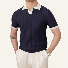 St. Martin Co Navy Textured Knit Open-Collar Polo — side view
