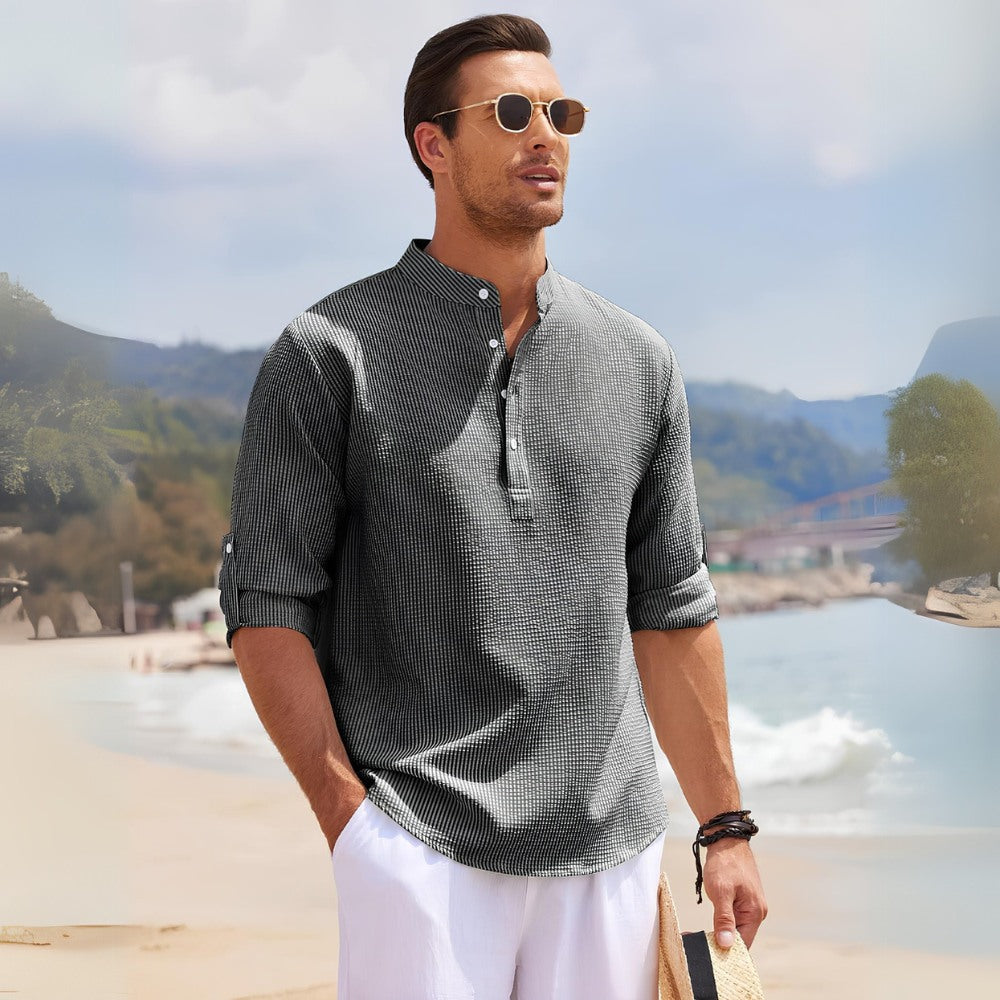 St. Martin Co Grey Textured Band-Collar Henley Shirt — side view