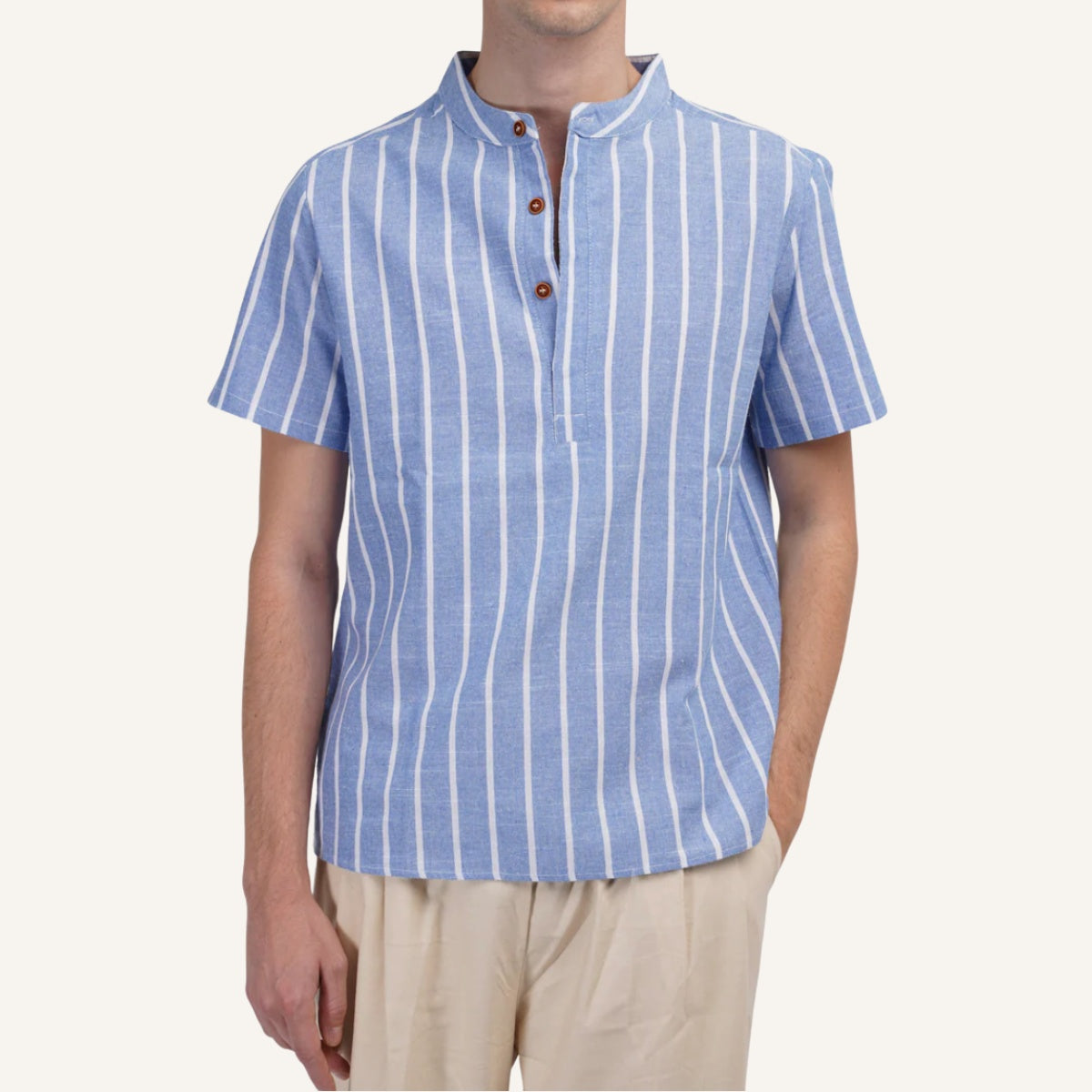 St. Martin Co Blue Stripe Stand-Collar Henley Shirt — detail view
