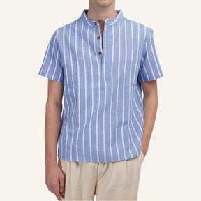 St. Martin Co Blue Stripe Stand-Collar Henley Shirt — detail view