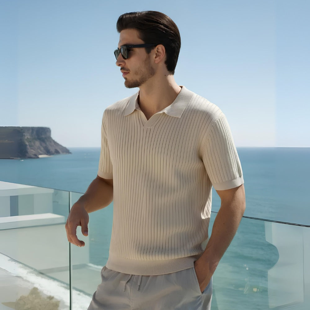 St. Martin Co Ribbed Knit Open-Collar Polo in Stone — detail view