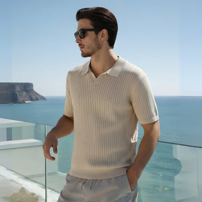 St. Martin Co Ribbed Knit Open-Collar Polo in Stone — detail view