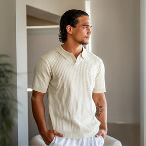 St. Martin Co Ribbed Knit Open-Collar Polo in Stone — detail view