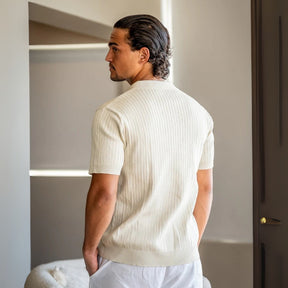 St. Martin Co Ribbed Knit Open-Collar Polo in Stone — detail view