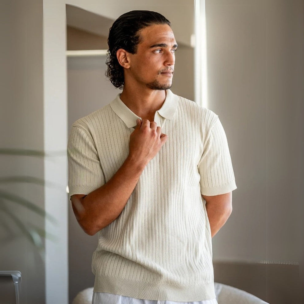 St. Martin Co Ribbed Knit Open-Collar Polo in Stone — detail view