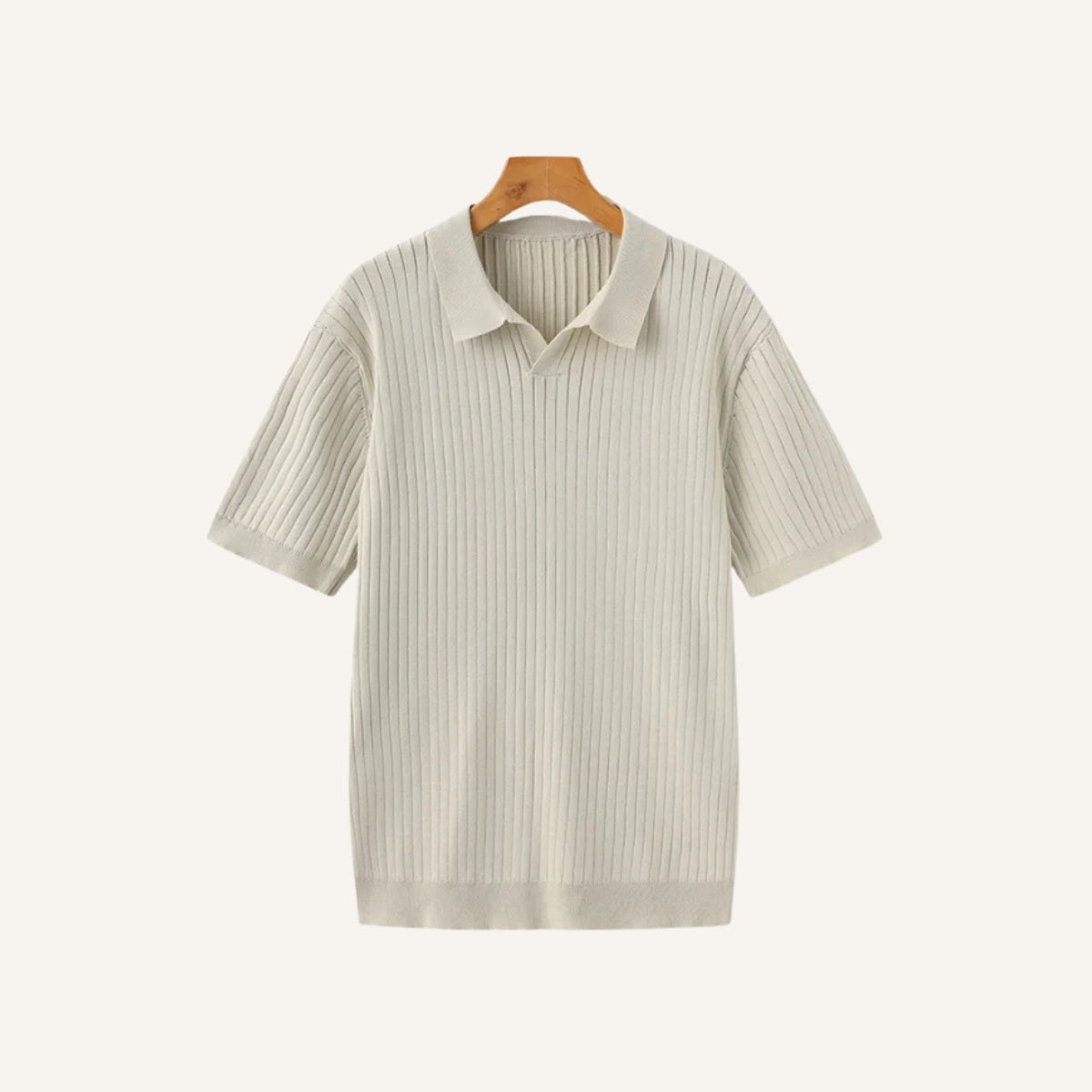 St. Martin Co Ribbed Knit Open-Collar Polo in Stone — front view