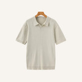 St. Martin Co Ribbed Knit Open-Collar Polo in Stone — front view