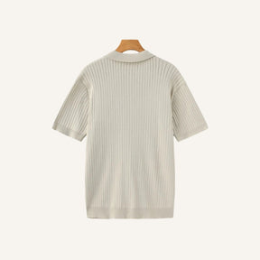 St. Martin Co Ribbed Knit Open-Collar Polo in Stone — detail view