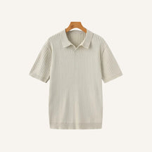 St. Martin Co Ribbed Knit Open-Collar Polo in Stone — front view
