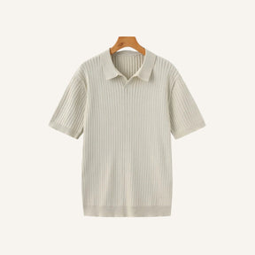 St. Martin Co Ribbed Knit Open-Collar Polo in Stone — front view