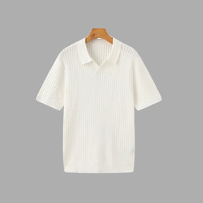 St. Martin Co Ribbed Knit Open-Collar Polo in Stone — lifestyle view