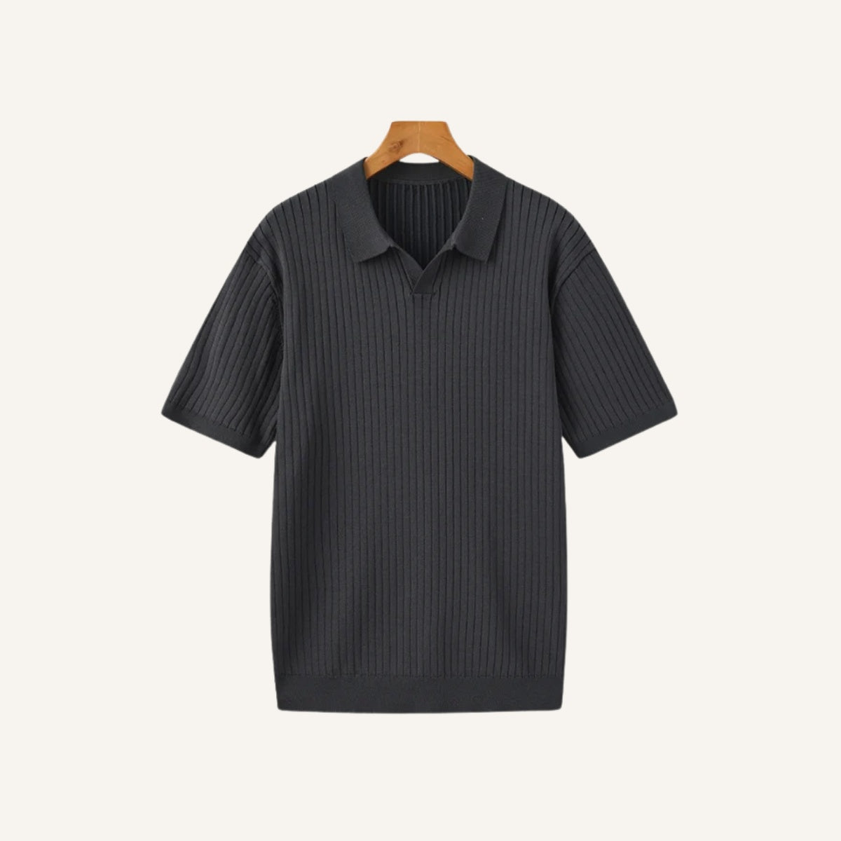St. Martin Co Ribbed Knit Open-Collar Polo in Stone — detail view