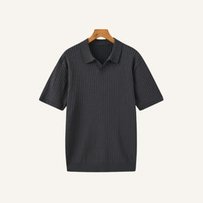 St. Martin Co Ribbed Knit Open-Collar Polo in Stone — detail view