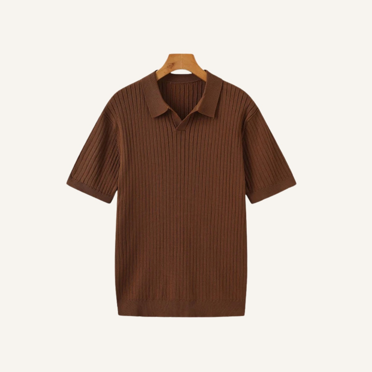 St. Martin Co Ribbed Knit Open-Collar Polo in Stone — back view