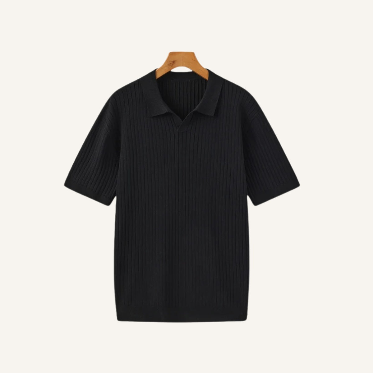 St. Martin Co Ribbed Knit Open-Collar Polo in Stone — detail view