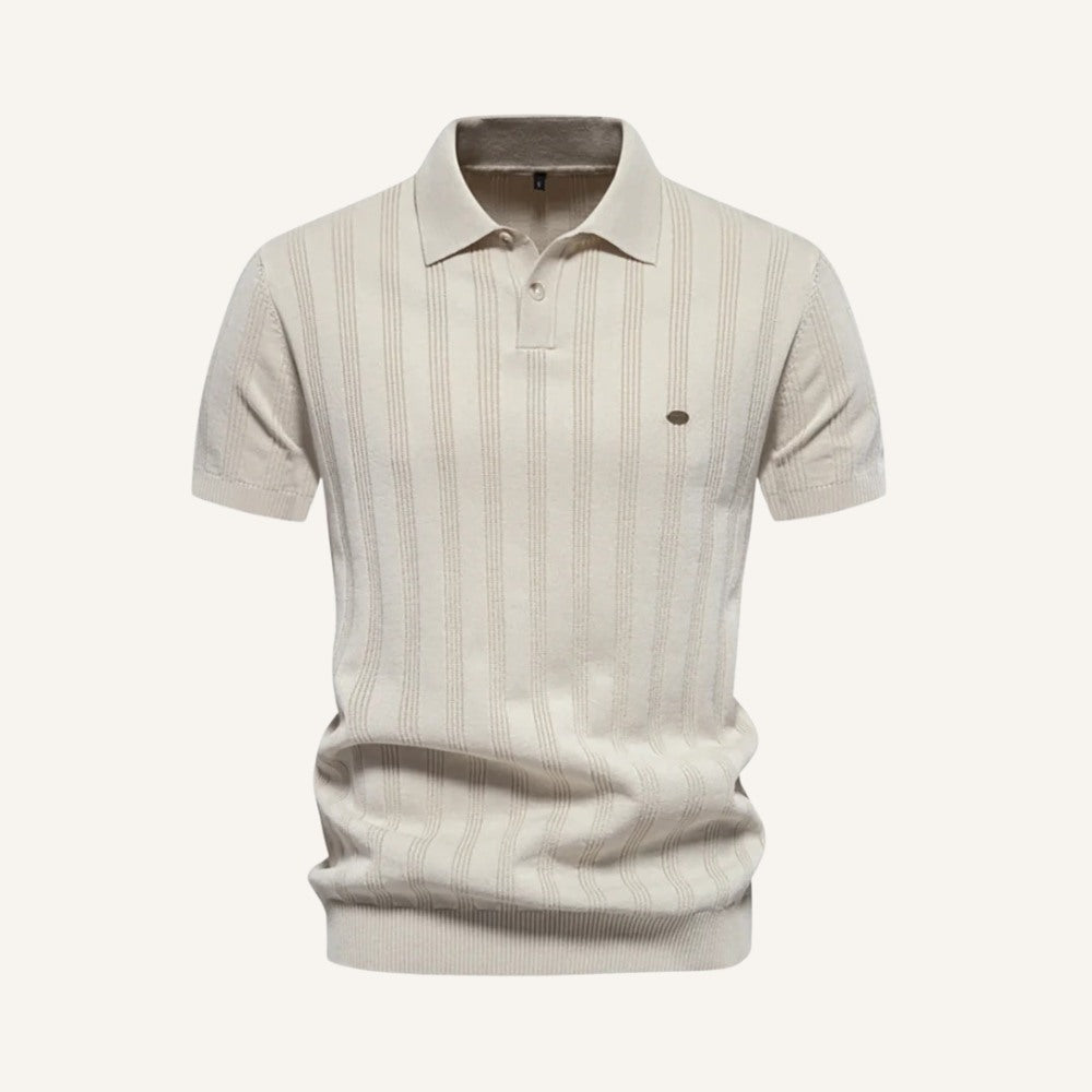 St. Martin Co Ecru Vertical Stripe Knitted Polo — front view