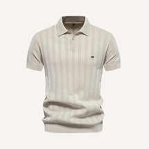 St. Martin Co Ecru Vertical Stripe Knitted Polo — front view