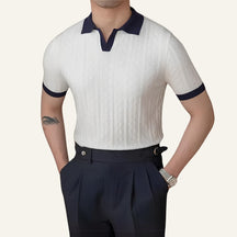 St. Martin Co Navy Textured Knit Open-Collar Polo — detail view