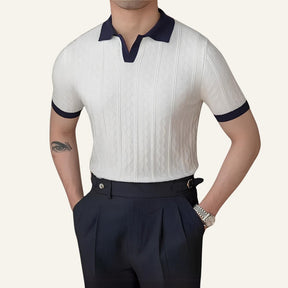 St. Martin Co Navy Textured Knit Open-Collar Polo — detail view