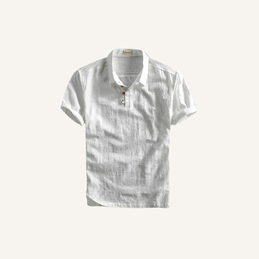 St. Martin Co Navy Linen Polo With Chest Pocket — detail view