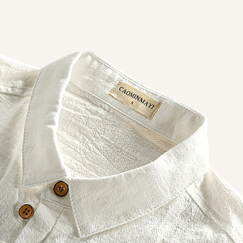 St. Martin Co Navy Linen Polo With Chest Pocket — detail view